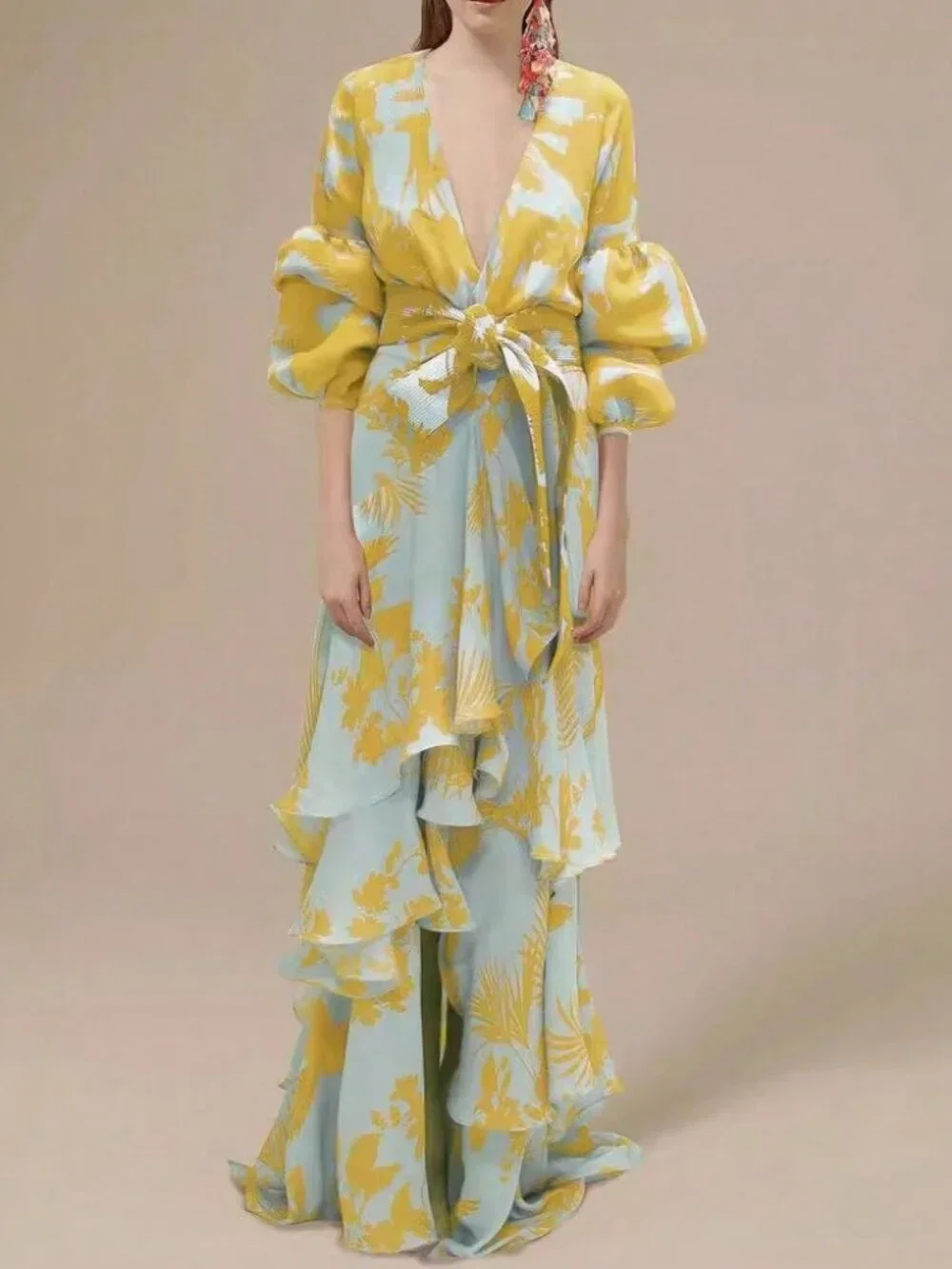 Yellow Elegant Women's V-Neck Maxi Dress with Long Sleeves and Tiered Skirt - Picture 2 of 3